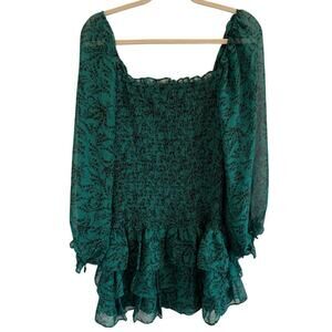 Olivaceous South Sz L Green Floral Smocked Body Sheer Sleeve Short Boho Dress